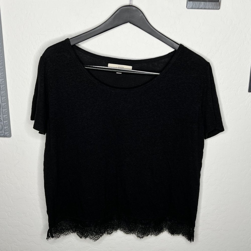 Loft Black Short Sleeve Top with Lace Detail - Size Large